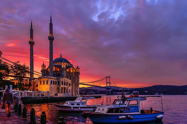 Luxury hotel terrace overlooking the Bosphorus in Istanbul